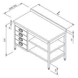 Öztiryakiler Çalışma Tezgahı Ara Raflı Gn Çekmeceli Sırtlı 160x70 Cm