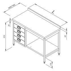 Öztiryakiler Çalışma Tezgahı Taban Raflı Gn Çekmeceli Sırtlı 140x70 Cm